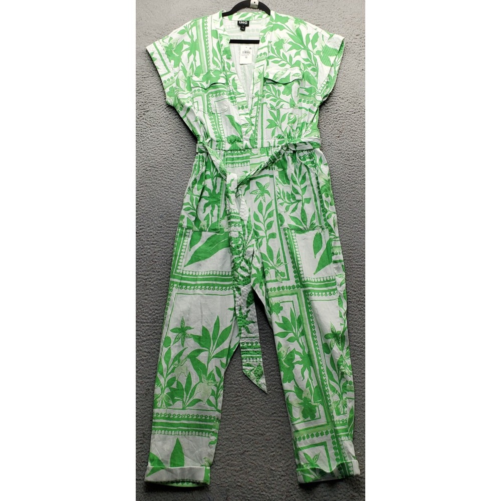 INC International Concepts Jumpsuit Womens 12 Green White Leaf Print Cap-Sleeve